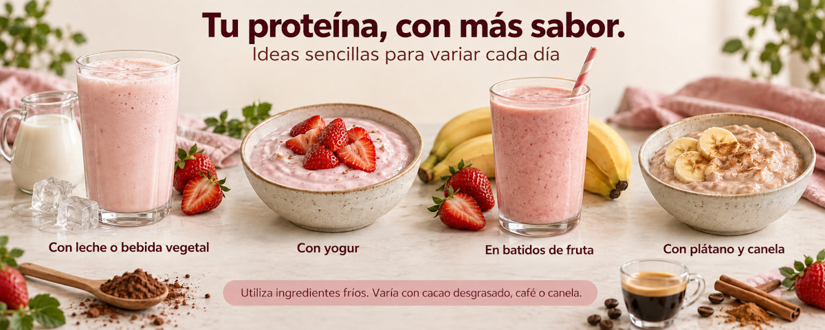 Para espanhol sff. Sugestões para preparar a proteína: leite ou bebida vegetal, iogurte, batidos de fruta e banana com canela